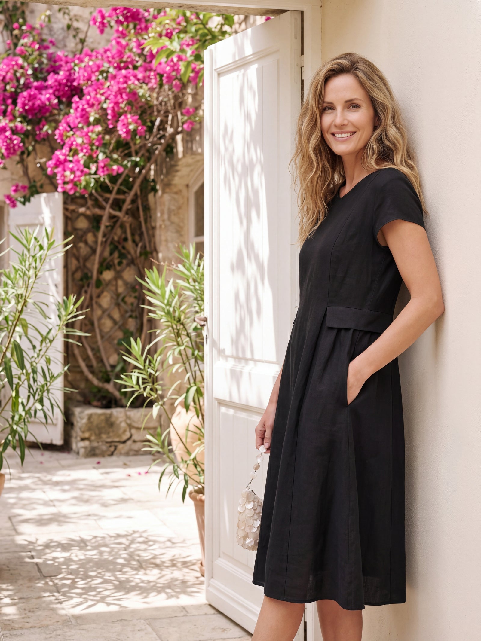 100% Linen Natural Summer V-Neck Dress ALEXA