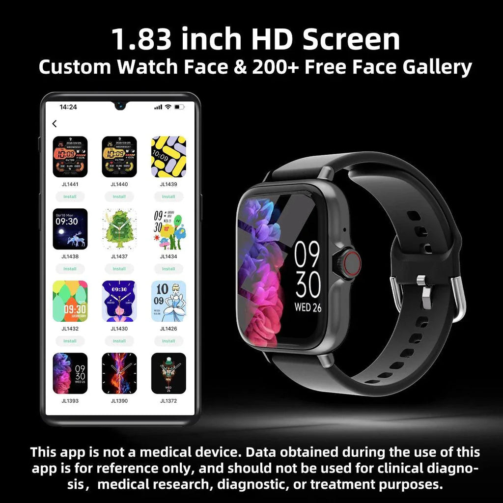 Smartwatch SmartTech de 1.83'' resistente al agua - Alertas de llamadas y mensajes, monitoreo de sueño, podómetro deportivo para iPhone y Android