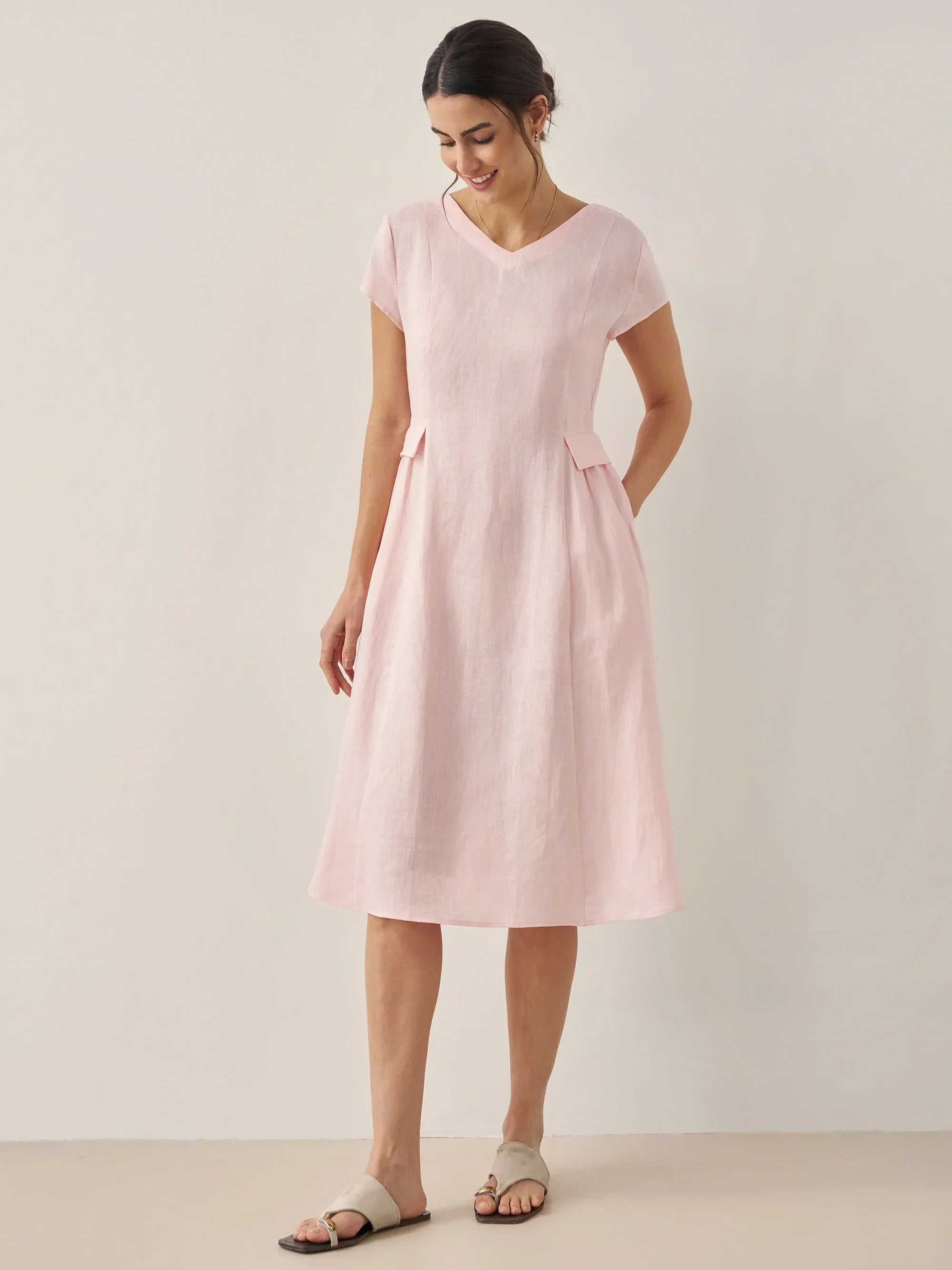 100% Linen Natural Summer V-Neck Dress ALEXA