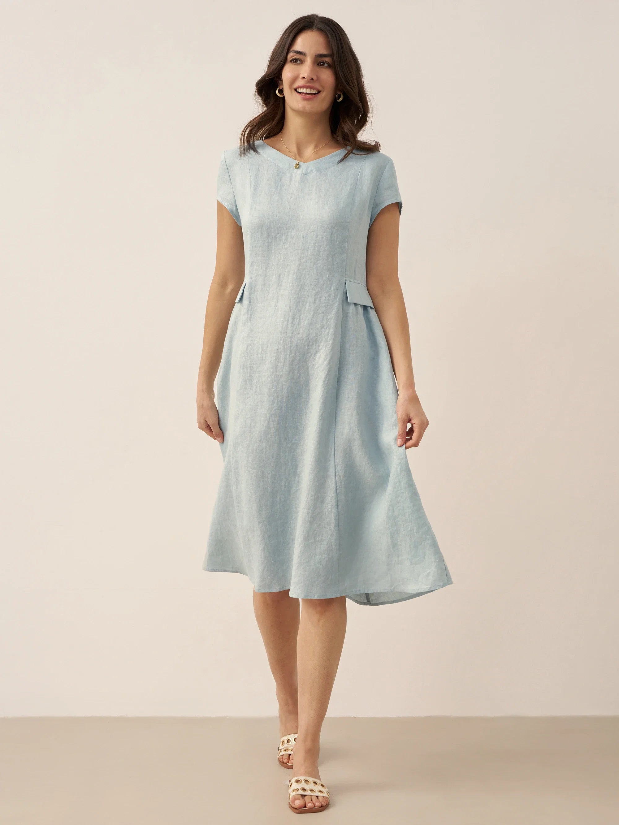 100% Linen Natural Summer V-Neck Dress ALEXA