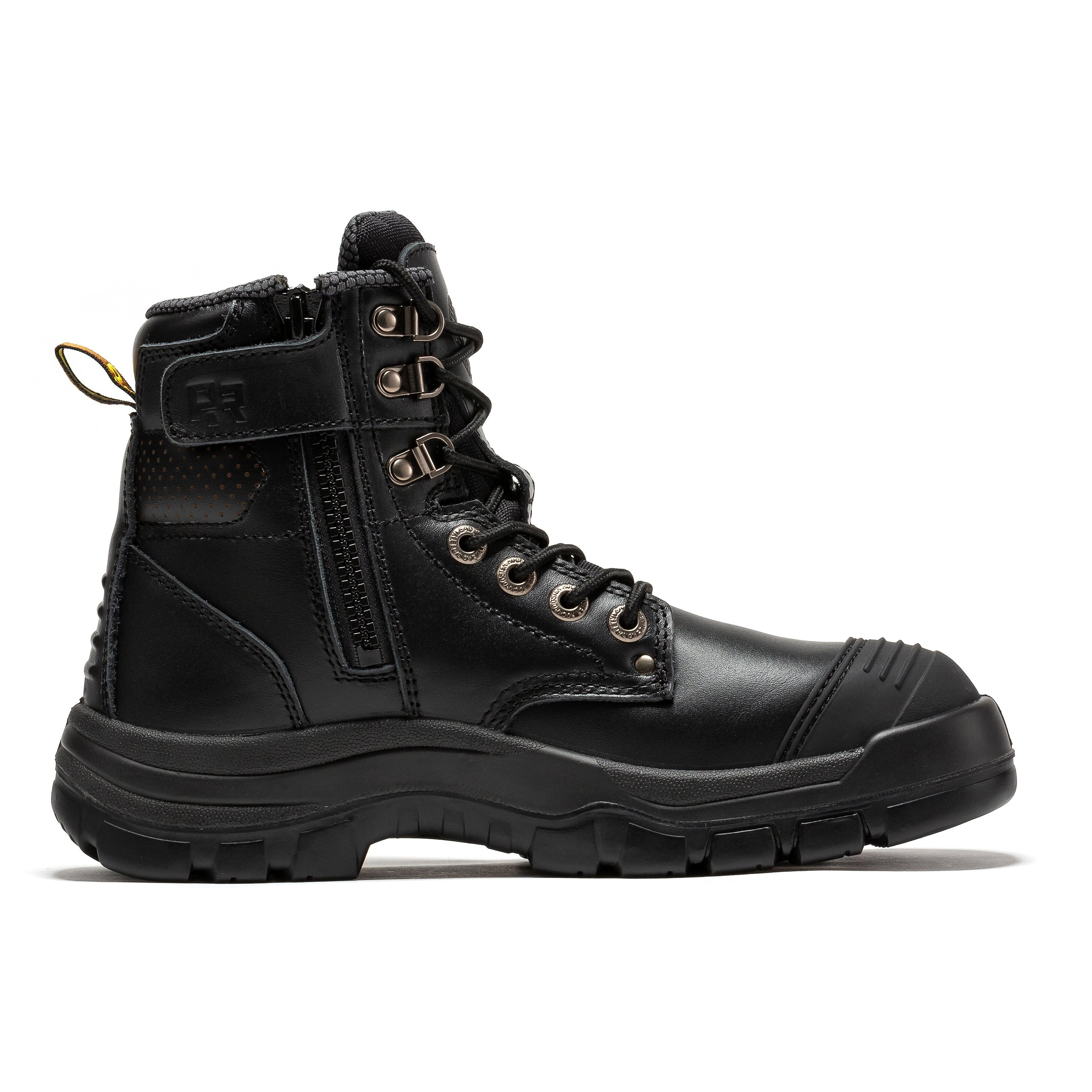 ROCKROOSTER Madison Tan Botas de trabajo de cuero con puntera de acero y cremallera lateral de 6 pulgadas AK052