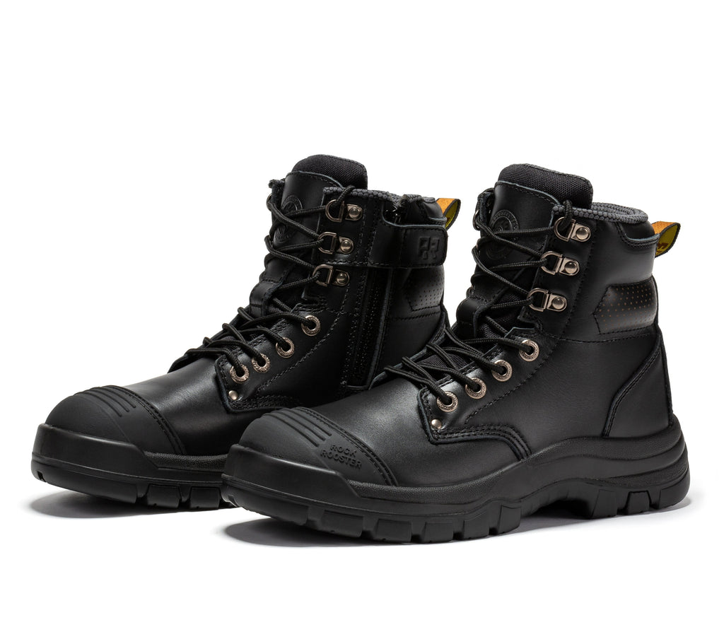 ROCKROOSTER Madison Tan Botas de trabajo de cuero con puntera de acero y cremallera lateral de 6 pulgadas AK052