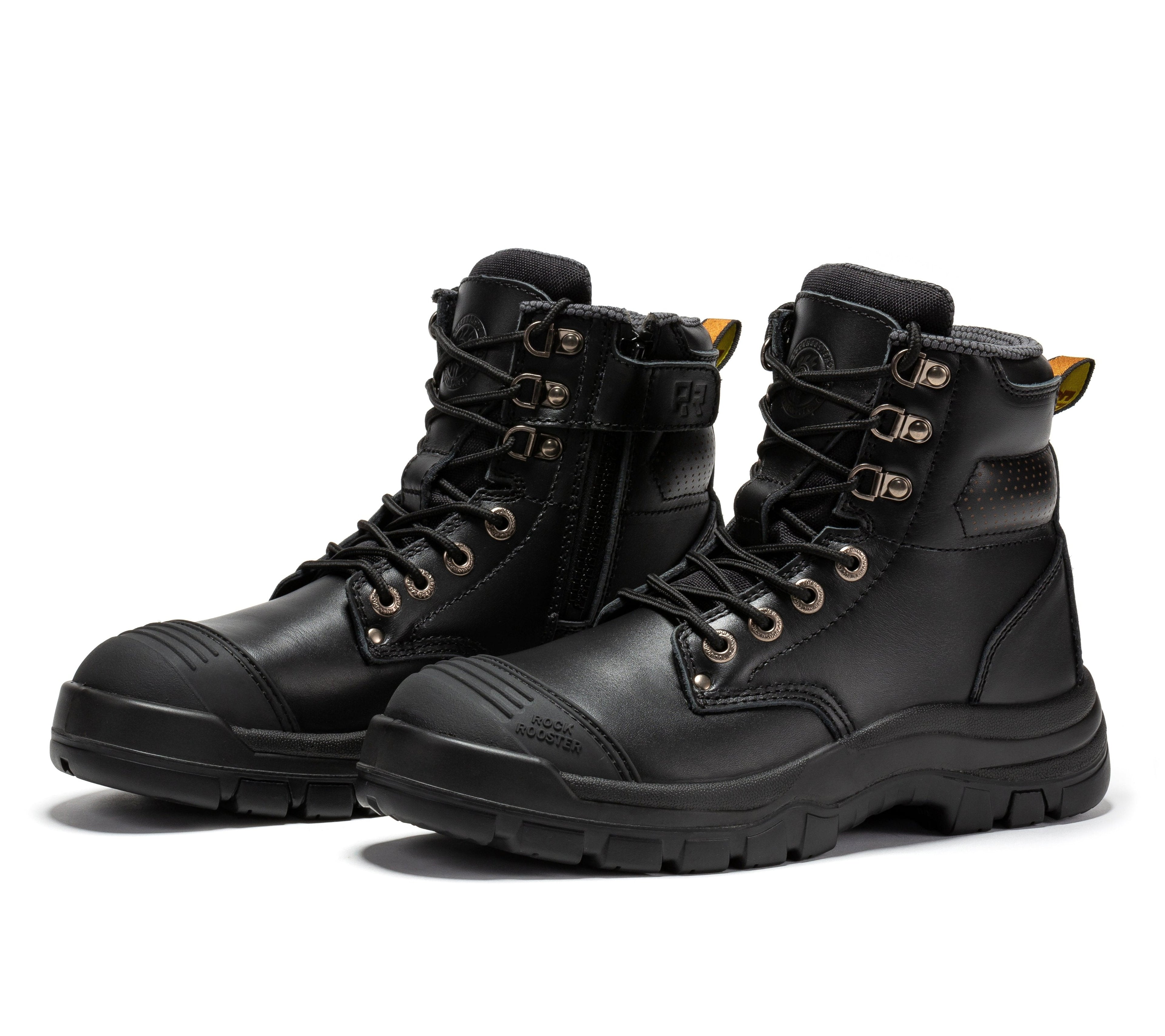 ROCKROOSTER Madison Tan Botas de trabajo de cuero con puntera de acero y cremallera lateral de 6 pulgadas AK052