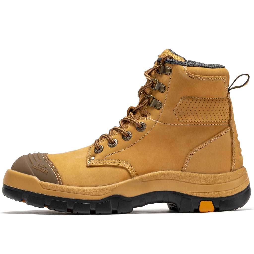 ROCKROOSTER Madison Tan Botas de trabajo de cuero con puntera de acero y cremallera lateral de 6 pulgadas AK052