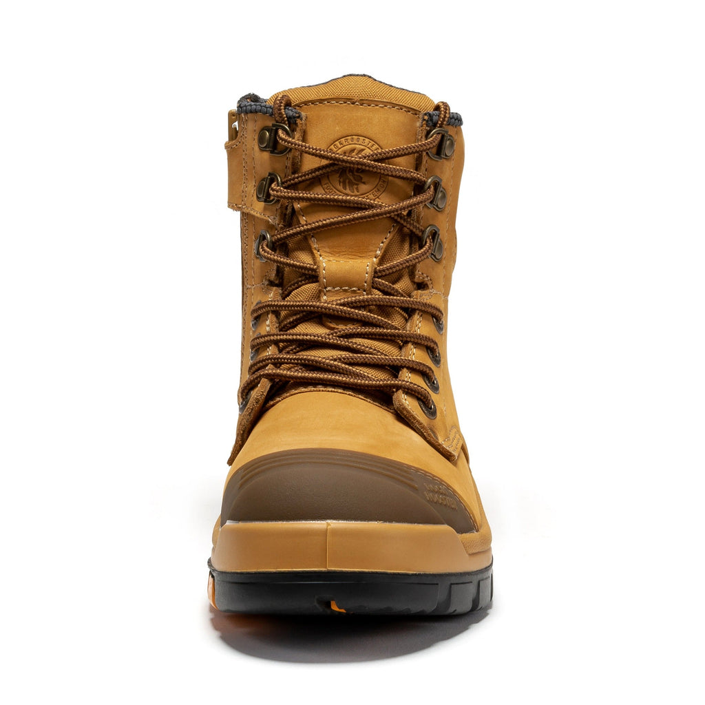 ROCKROOSTER Madison Tan Botas de trabajo de cuero con puntera de acero y cremallera lateral de 6 pulgadas AK052