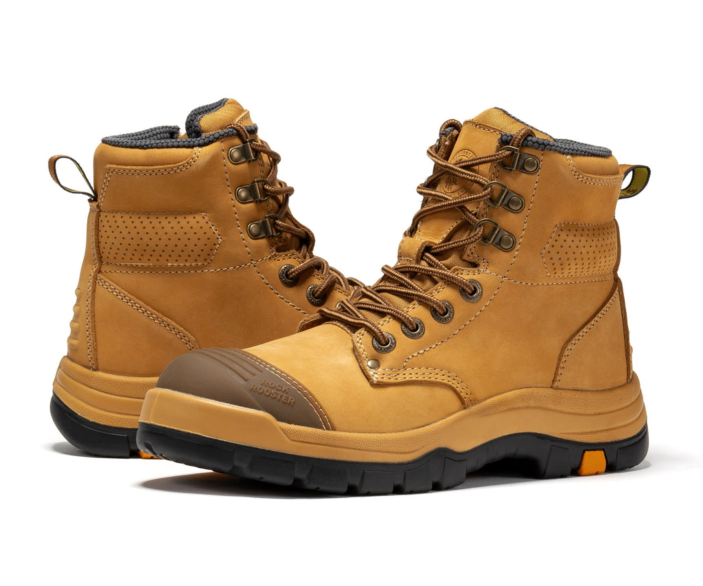ROCKROOSTER Madison Tan Botas de trabajo de cuero con puntera de acero y cremallera lateral de 6 pulgadas AK052