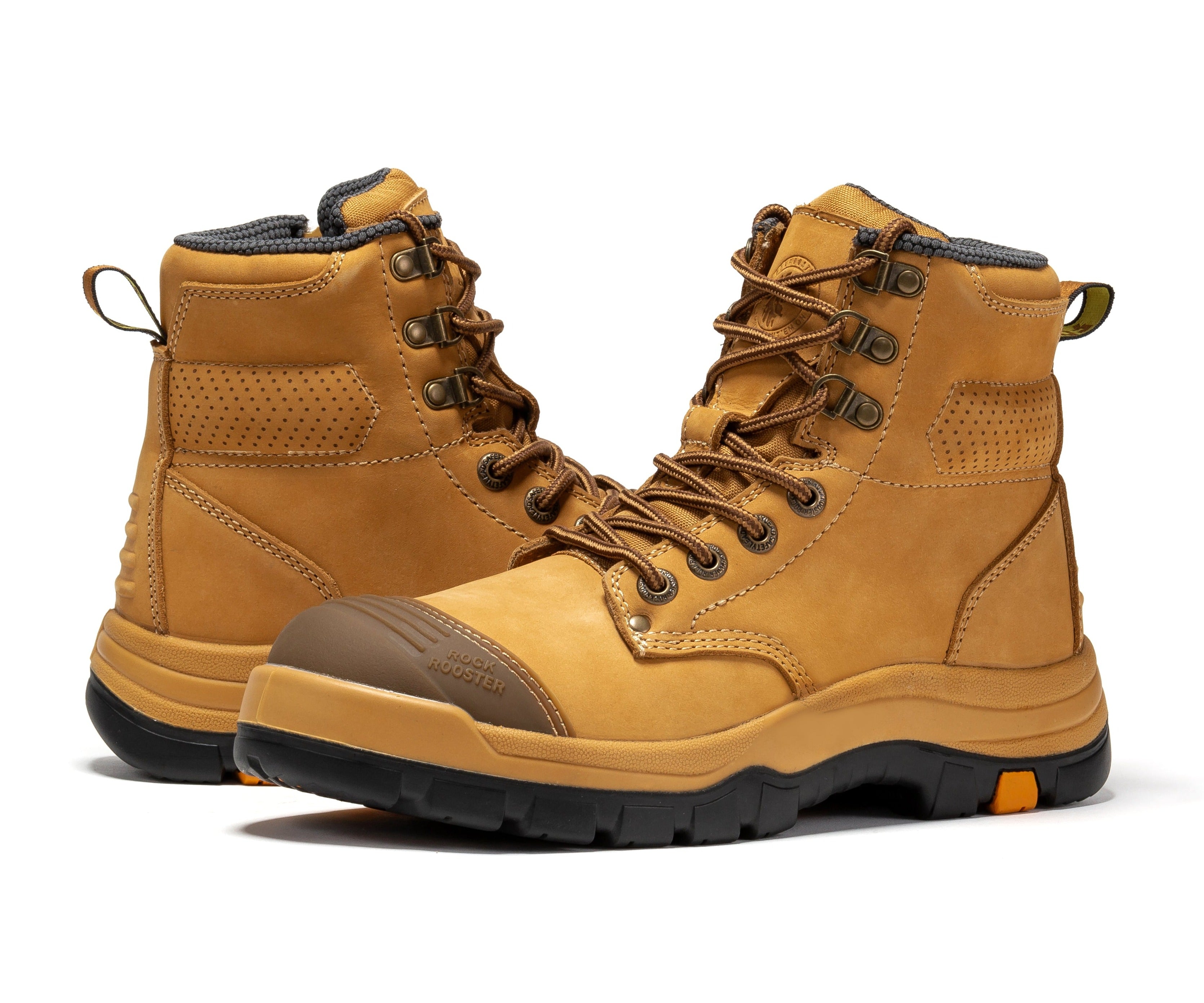 ROCKROOSTER Madison Tan Botas de trabajo de cuero con puntera de acero y cremallera lateral de 6 pulgadas AK052