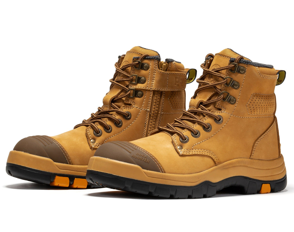 ROCKROOSTER Madison Tan Botas de trabajo de cuero con puntera de acero y cremallera lateral de 6 pulgadas AK052