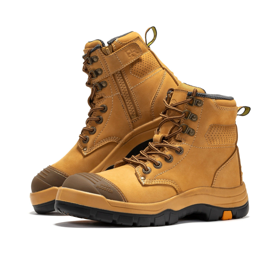 ROCKROOSTER Madison Tan Botas de trabajo de cuero con puntera de acero y cremallera lateral de 6 pulgadas AK052