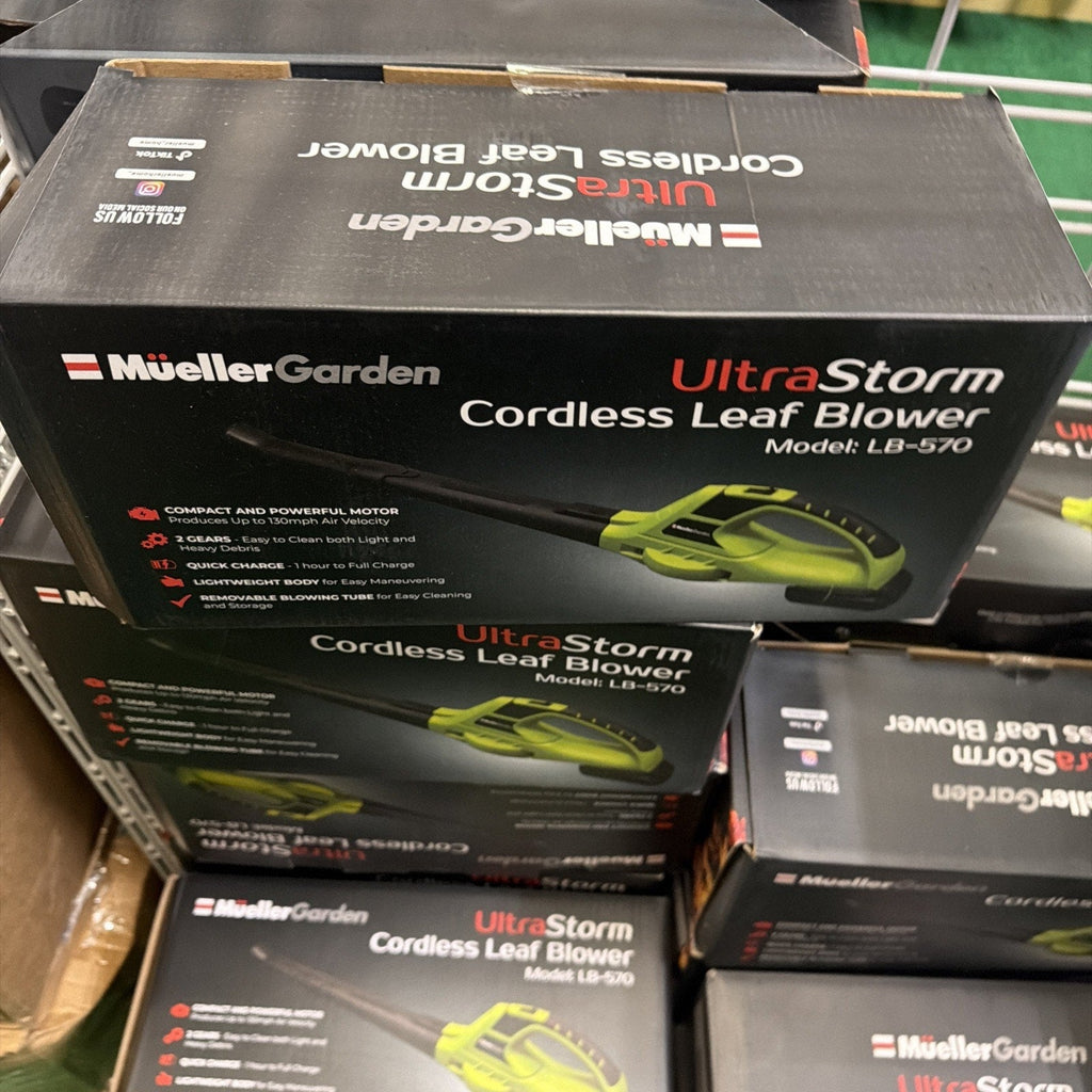 Soplador de hojas eléctrico inalámbrico Mueller UltraStorm, motor de 20 V y 140 MPH, CAJA ABIERTA
