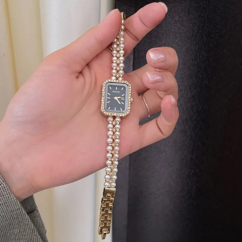 Reloj de pulsera de lujo para mujer, a la moda, esfera cuadrada pequeña, vintage, con perlas de concha, cadena de cuarzo, venta al por mayor