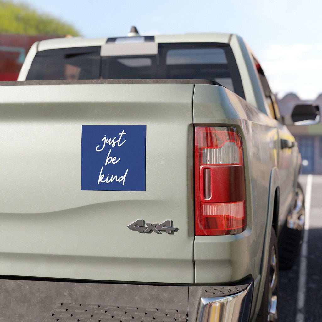 Imán para coche "Just Be Kind" – Imán cuadrado azul escrito a mano para parachoques – Accesorio de coche con frase positiva sobre la amabilidad
